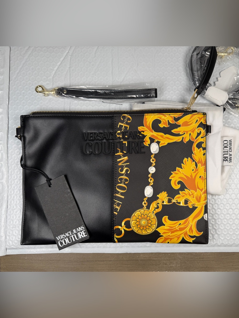 Versace Jeans Couture Baroque Print Convertible Crossbody Clutch Black Gold NWT